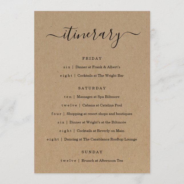 Wedding / Bachelorette Party / Birthday Itinerary Program (Front)