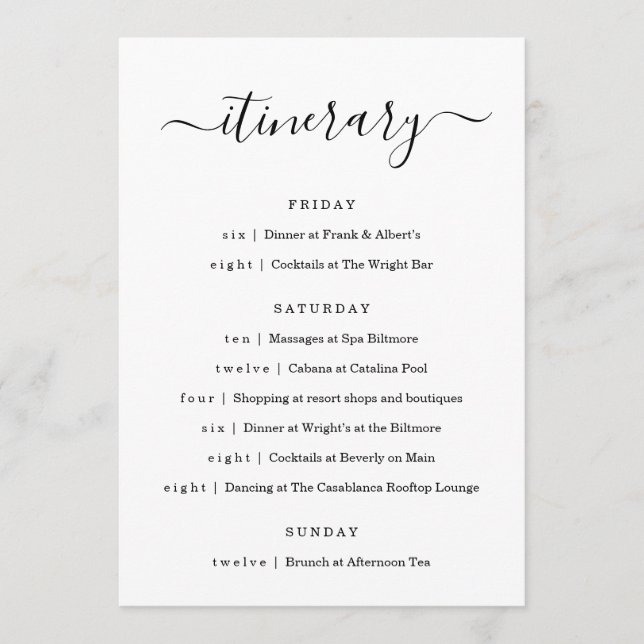 Wedding / Bachelorette Party / Birthday Itinerary Program (Front)