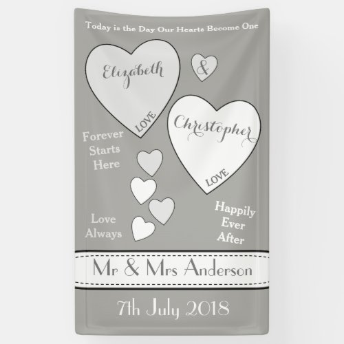 Wedding Backdrop grey and white with love hearts Banner