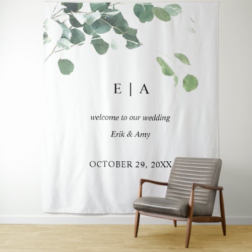 Wedding backdrop welcome sign eucalyptus