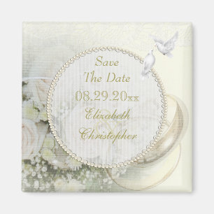 Wedding Bands, Roses, Doves & Lace Save The Date Magnet