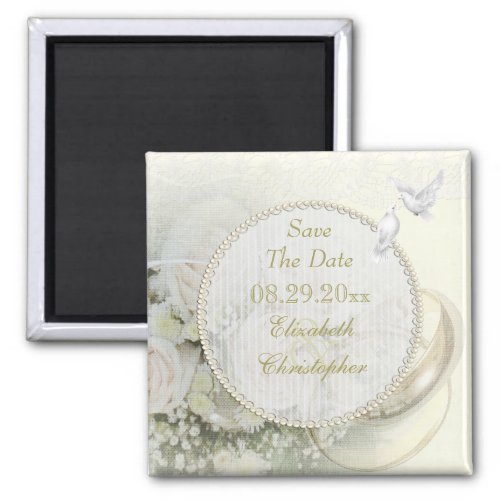 Wedding Bands Roses Doves  Lace Save The Date Magnet