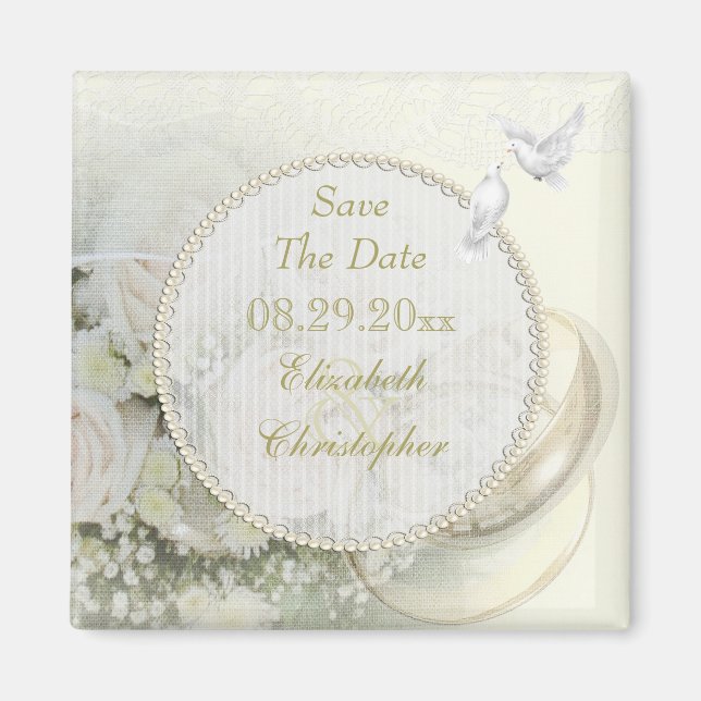 Wedding Bands, Roses, Doves & Lace Save The Date Magnet (Front)
