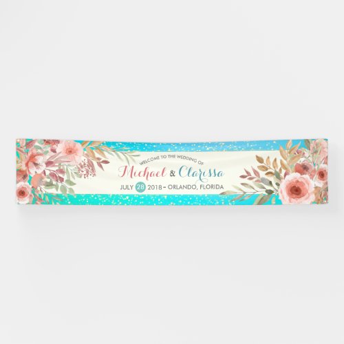 Wedding Banner Elegant Pink Floral Teal Gold Dots