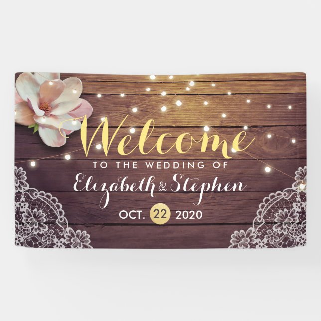 Wedding Banner Floral String Light Wood Lace Decor (Horizontal)