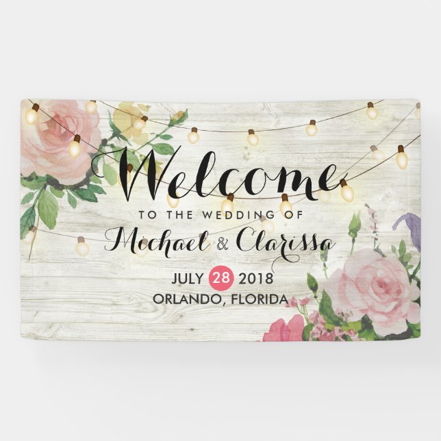 Wedding Banner Flowers & String Lights Rustic Wood (Horizontal)