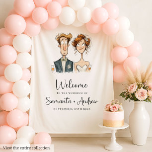 Wedding Banner Quirky Bride and Groom Watercolor Tapestry