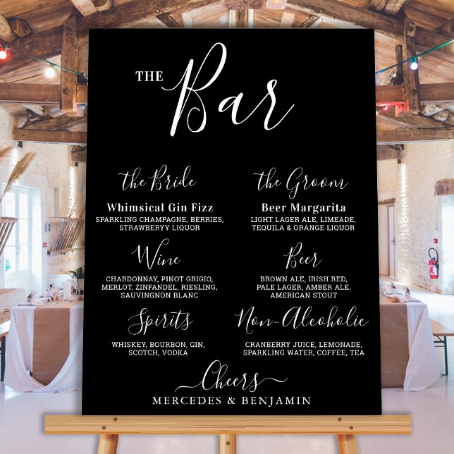 Wedding Bar Black Personalized Modern Drinks Menu Foam Board (Creator Uploaded)