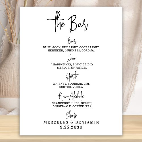 Wedding Bar Drink Menu Personalized Calligraphy Poster