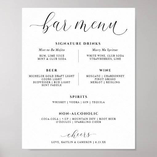 Wedding Bar Drinks Menu Elegant Signature Drinks Poster | Zazzle