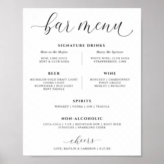 Wedding Bar Drinks Menu Elegant Signature Drinks Poster | Zazzle