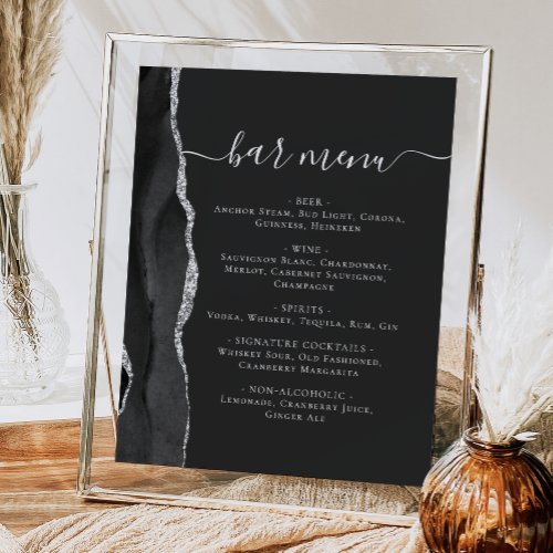 Wedding Bar Menu Black Silver Agate Dark Poster