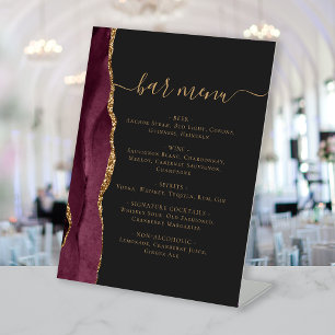 Wedding Bar Menu Burgundy Gold Agate Dark Pedestal Sign