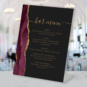 Wedding Bar Menu Burgundy Gold Agate Dark Pedestal Sign