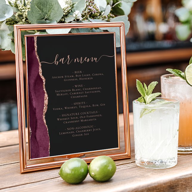 Wedding Bar Menu Burgundy Rose Gold Agate Dark Poster (Creator Uploaded)