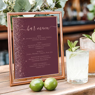Wedding Bar Menu Burgundy Rose Gold Glitter Poster