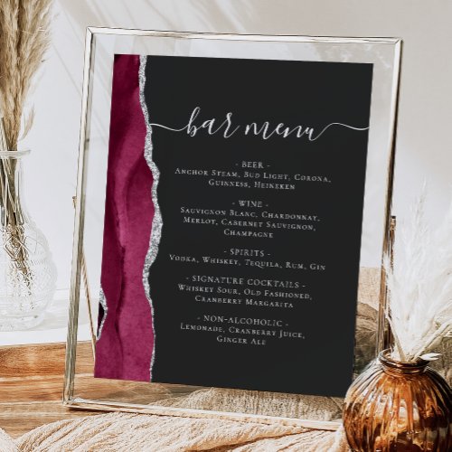 Wedding Bar Menu Burgundy Silver Agate Dark Poster