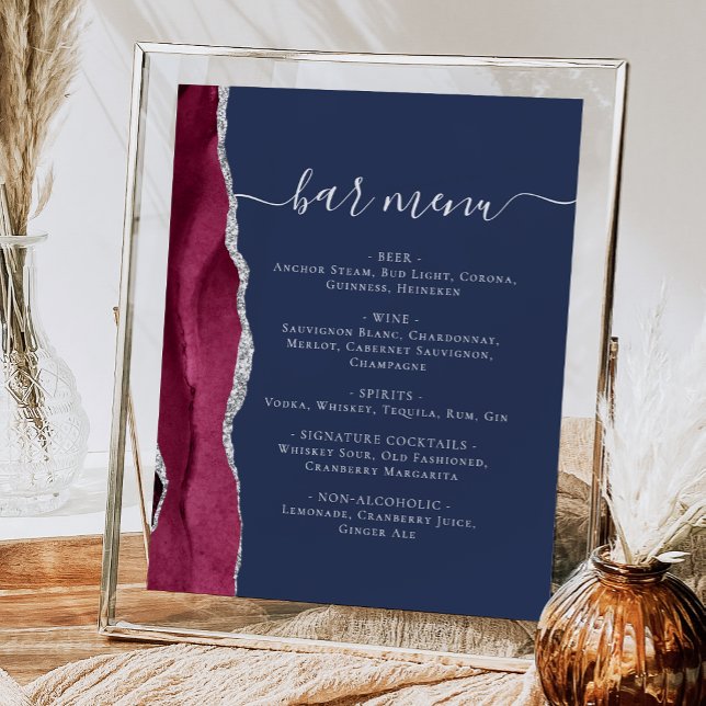 Wedding Bar Menu Burgundy Silver Agate Navy Blue Poster (Creator Uploaded)