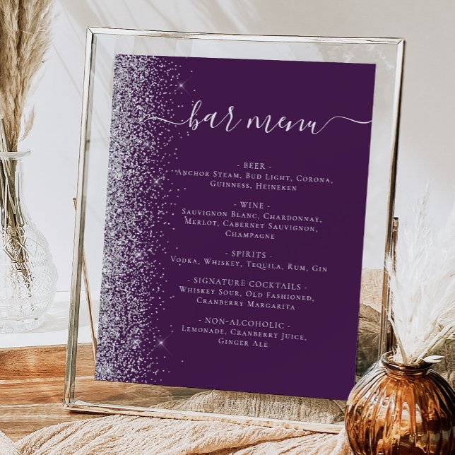 Wedding Bar Menu Dark Purple Silver Glitter Poster (Creator Uploaded)