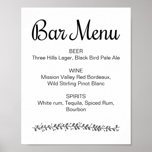 Wedding Bar Menu Elegant Reception Sign (Front)