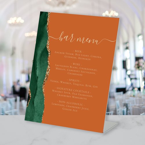 Wedding Bar Menu Emerald Green Agate Burnt Orange Pedestal Sign