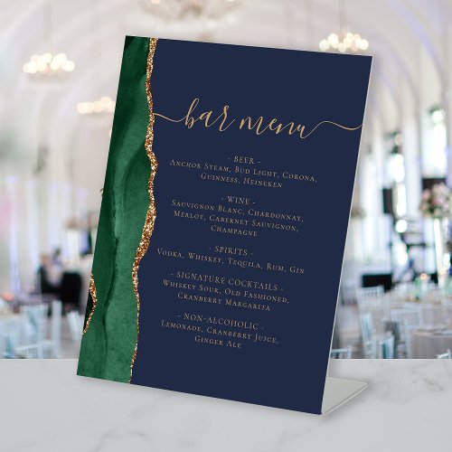 Wedding Bar Menu Emerald Green Agate Navy Blue Pedestal Sign