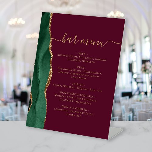 Wedding Bar Menu Emerald Green Gold Agate Burgundy Pedestal Sign