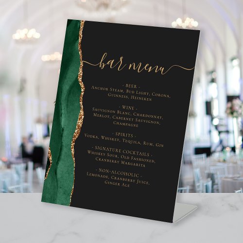 Wedding Bar Menu Emerald Green Gold Agate Dark Pedestal Sign