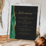 Wedding Bar Menu Emerald Green Gold Agate Dark Poster<br><div class="desc">An elegant sign for your wedding bar menu. The words "bar menu" appears in gold-colored handwriting calligraphy with swashes at the beginning and end, with customizable text below. An emerald green watercolor agate design trimmed with gold faux glitter decorates the left border on a slate black background. See our collection...</div>