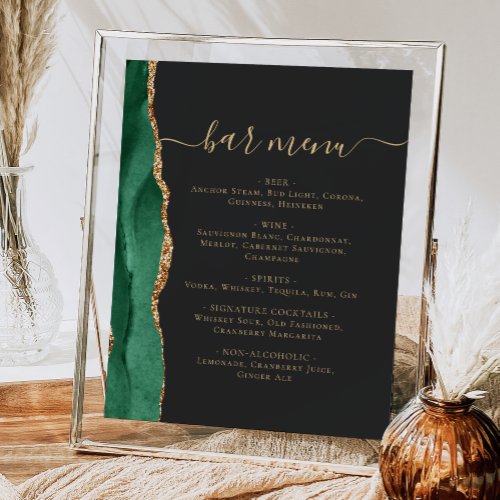 Wedding Bar Menu Emerald Green Gold Agate Dark Poster