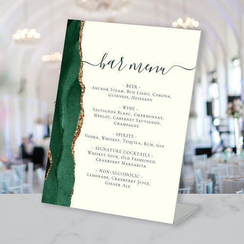 Wedding Bar Menu Emerald Green Gold Agate Ivory Pedestal Sign