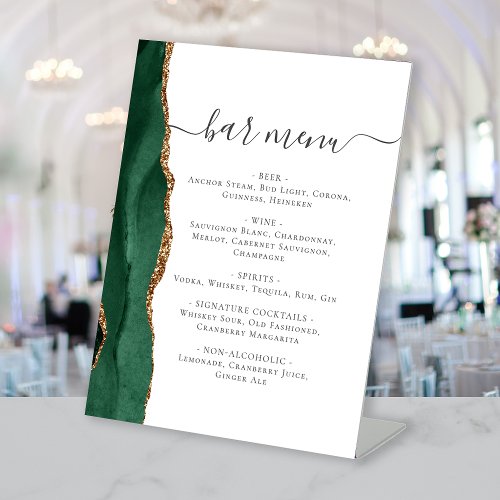 Wedding Bar Menu Emerald Green Gold Agate Pedestal Sign