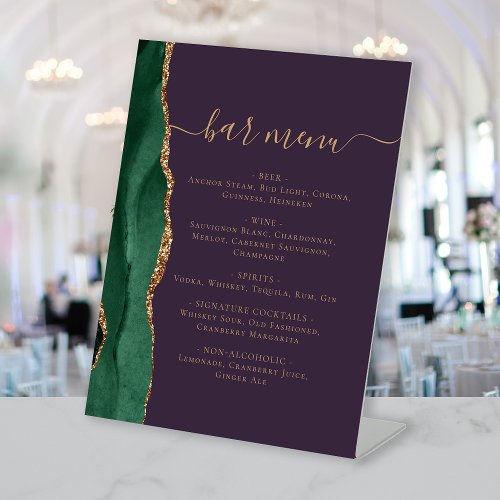 Wedding Bar Menu Emerald Green Gold Agate Purple Pedestal Sign