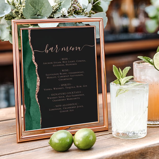 Wedding Bar Menu Emerald Rose Gold Agate Dark Poster (Creator Uploaded)