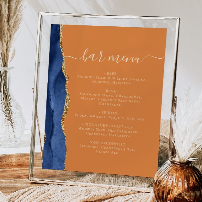 Wedding Bar Menu Navy Blue Gold Agate Rust Poster (Creator Uploaded)