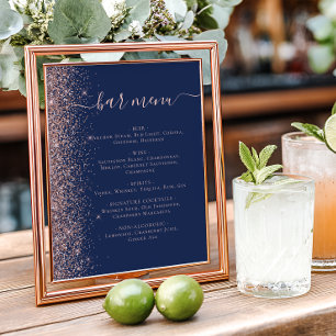 Wedding Bar Menu Navy Blue Rose Gold Glitter Poster