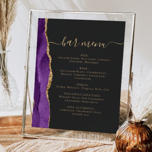 Wedding Bar Menu Purple Gold Agate Dark Poster