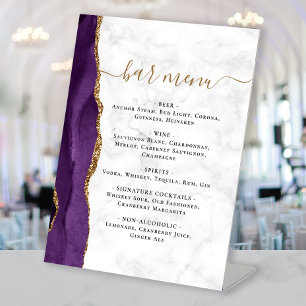 Wedding Bar Menu Purple Gold Agate Marble Pedestal Sign