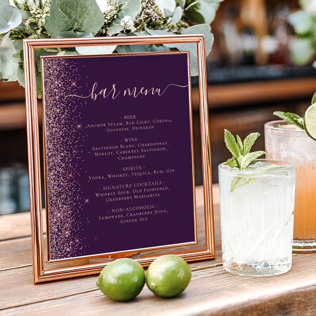 Wedding Bar Menu Purple Rose Gold Glitter Poster (Creator Uploaded)