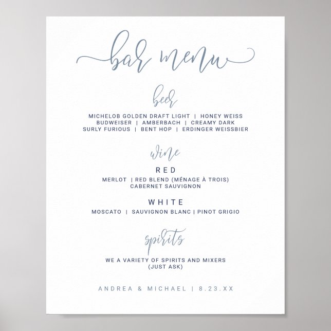 Wedding Bar Menu Sign - Bounce Script (Dusty Blue) (Front)