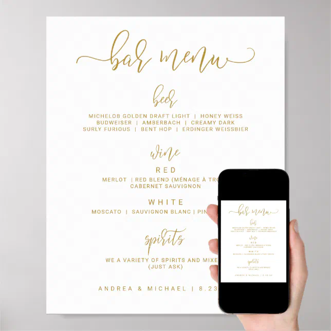 Wedding Bar Menu Sign - Bounce Script (Flat Gold) | Zazzle