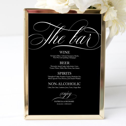 Wedding Bar Menu Sign Chic Black And White