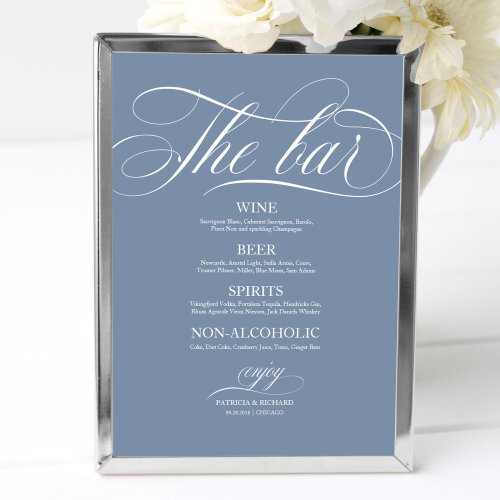 Wedding Bar Menu Sign Chic Dusty Blue