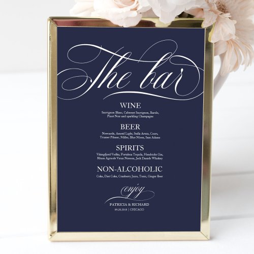 Wedding Bar Menu Sign Chic Navy Blue