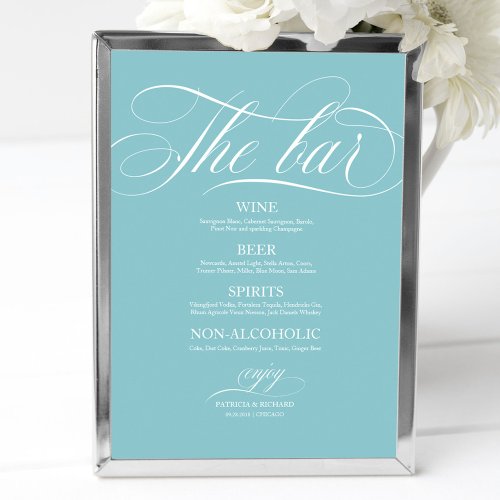 Wedding Bar Menu Sign Chic Purist Blue