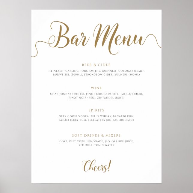 Wedding Bar Menu Sign Gold Drinks Menu (Front)