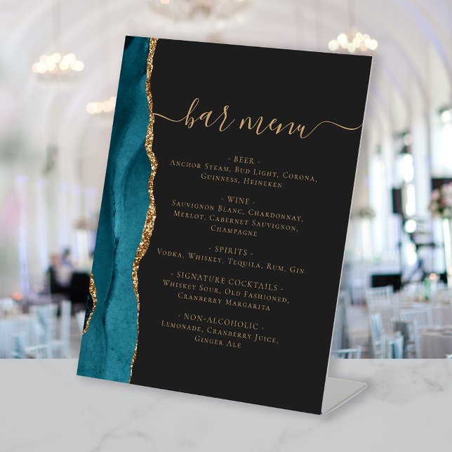 Wedding Bar Menu Teal Blue Gold Agate Dark Pedestal Sign (Creator Uploaded)