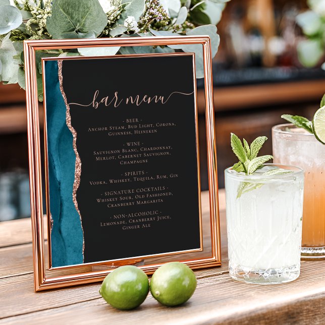 Wedding Bar Menu Teal Blue Rose Gold Agate Dark Poster (Creator Uploaded)