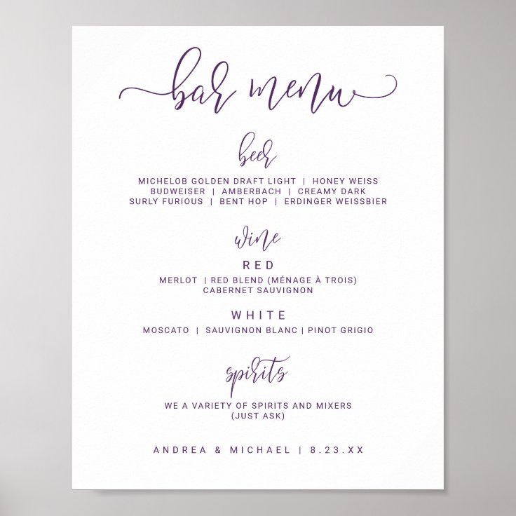 Wedding Bar Menus Bounce Script (Purple / Plum) Poster Zazzle