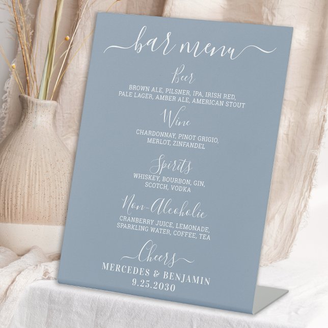 Wedding Bar Personalized Dusty Blue Drink Menu  Pedestal Sign (Creator Uploaded)